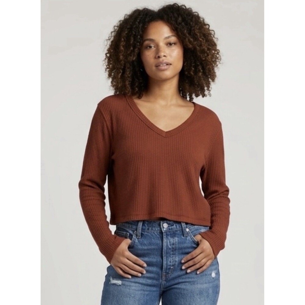 NWT We The Free People Waffle Knit Cropped V-Neck Top Cherry Mahogany Rust L